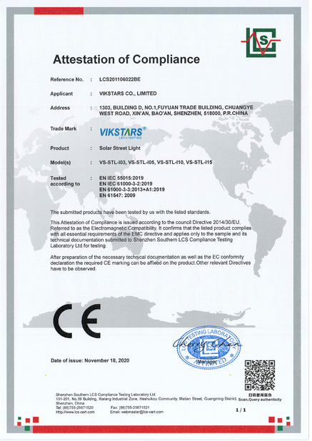 LA CHINE Vikstars Co., Limited Certifications